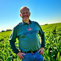 A farmer confidently wearing a long sleeve Syngenta-branded shirt, standing proudly in a lush green field