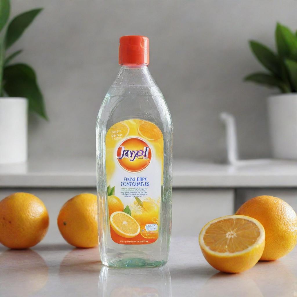 A vibrant image of a bottle of Jayell dishwashing liquid on a neat, bright kitchen counter with soap bubbles and fresh citrus fruits nearby.