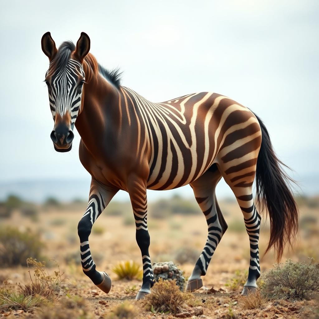 A hybrid horse combining features of a Barbary horse and a zebra horse