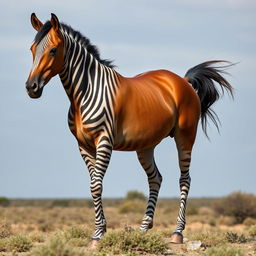 A hybrid horse combining features of a Barbary horse and a zebra horse