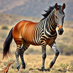 A hybrid horse combining features of a Barbary horse and a zebra horse