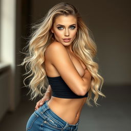 A highly attractive 25-year-old European woman with long, luscious blonde hair, showcasing an impressive and voluptuous figure