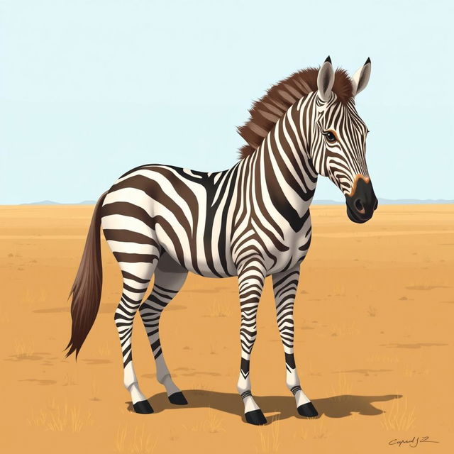 Create an illustration of a hybrid animal combining features of a Barbary horse and a zebra