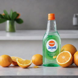 A vibrant image of a bottle of Jayell dishwashing liquid on a neat, bright kitchen counter with soap bubbles and fresh citrus fruits nearby.