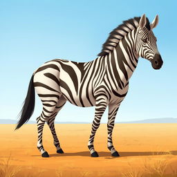 Create an illustration of a hybrid animal combining features of a Barbary horse and a zebra