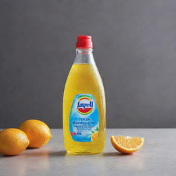 A vibrant image of a bottle of Jayell dishwashing liquid on a neat, bright kitchen counter with soap bubbles and fresh citrus fruits nearby.