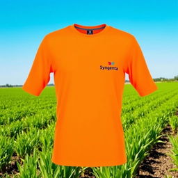 A Syngenta-branded long-sleeve shirt in bright orange color, displayed against an outdoor agricultural backdrop