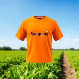 A Syngenta-branded long-sleeve shirt in bright orange color, displayed against an outdoor agricultural backdrop