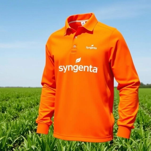 A Syngenta-branded long-sleeve shirt in bright orange color, displayed against an outdoor agricultural backdrop