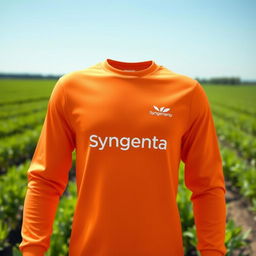 A Syngenta-branded long-sleeve shirt in bright orange color, displayed against an outdoor agricultural backdrop