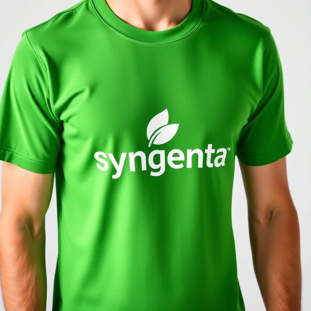 A vibrant green Syngenta t-shirt, prominently displaying the Syngenta logo on the chest area