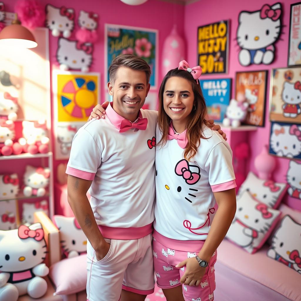 A loving gay couple dressed in adorable Hello Kitty-themed outfits