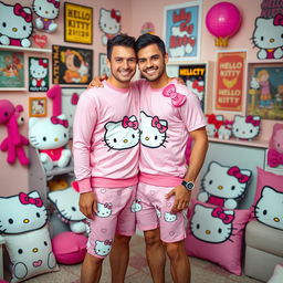 A loving gay couple dressed in adorable Hello Kitty-themed outfits