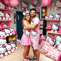 A loving gay couple dressed in adorable Hello Kitty-themed outfits