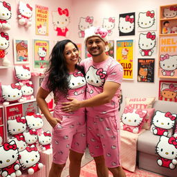 A loving gay couple dressed in adorable Hello Kitty-themed outfits