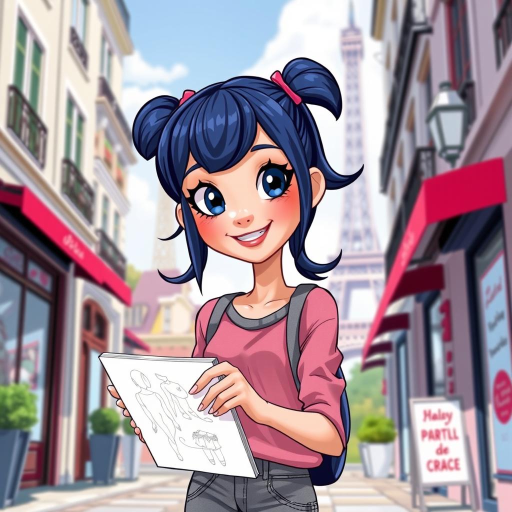 A detailed illustration of Marinette Dupain-Cheng from the Miraculous cartoon