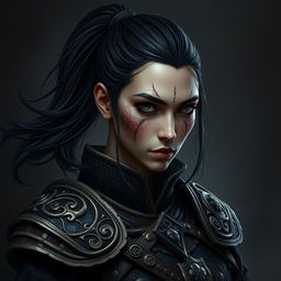 An enigmatic mystical portrait of a Shadar-Kai warrior, characterized by flowing black hair tied elegantly in a ponytail