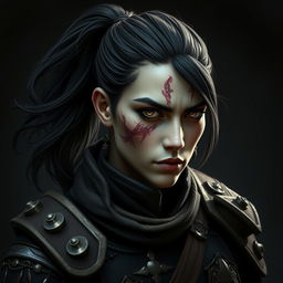 An enigmatic mystical portrait of a Shadar-Kai warrior, characterized by flowing black hair tied elegantly in a ponytail