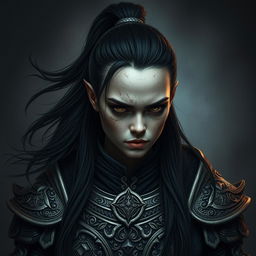 An enigmatic mystical portrait of a Shadar-Kai warrior, characterized by flowing black hair tied elegantly in a ponytail