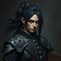 An enigmatic mystical portrait of a Shadar-Kai warrior, characterized by flowing black hair tied elegantly in a ponytail