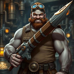 A DnD-style image featuring a medieval steampunk-inspired character, a large muscular man with grey skin