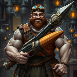 A DnD-style image featuring a medieval steampunk-inspired character, a large muscular man with grey skin