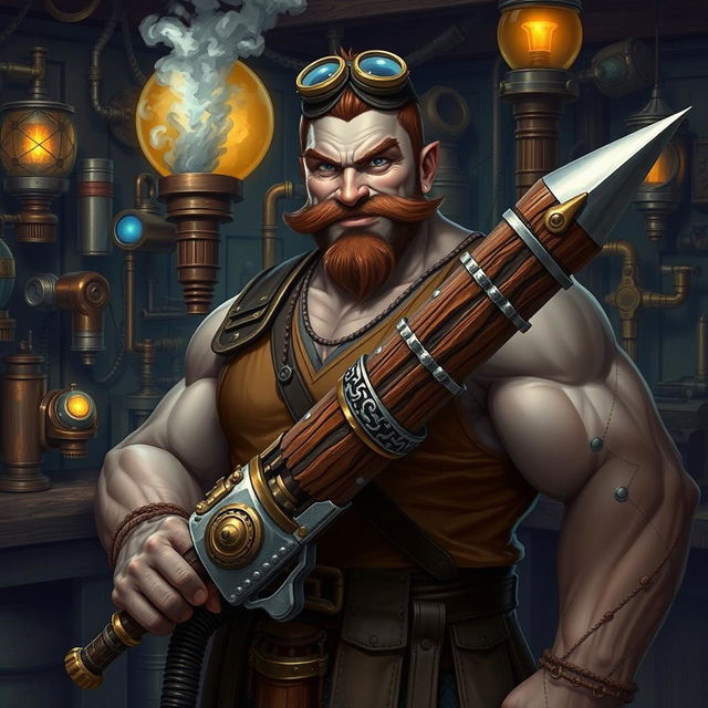 A DnD-style image featuring a medieval steampunk-inspired character, a large muscular man with grey skin