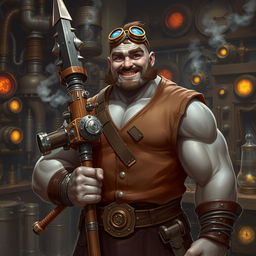 A DnD-style image featuring a medieval steampunk-inspired character, a large muscular man with grey skin