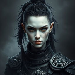 A mystical portrait of a Shadar-Kai warrior with strikingly pale skin, characterized by black messy hair elegantly pulled back into a ponytail