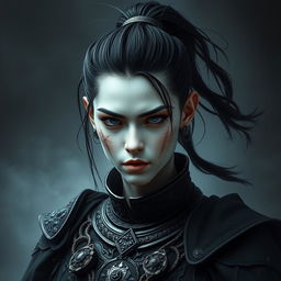 A mystical portrait of a Shadar-Kai warrior with strikingly pale skin, characterized by black messy hair elegantly pulled back into a ponytail