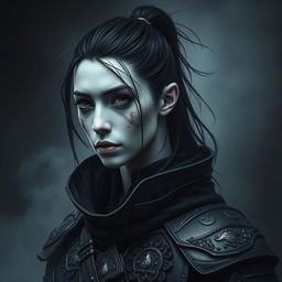 A mystical portrait of a Shadar-Kai warrior with strikingly pale skin, characterized by black messy hair elegantly pulled back into a ponytail