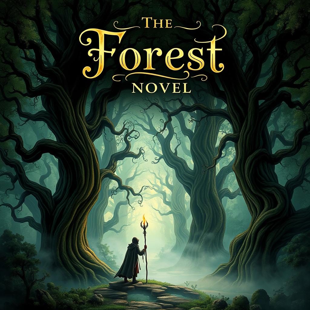 A captivating book cover design for a novel, featuring an enchanting mystical forest