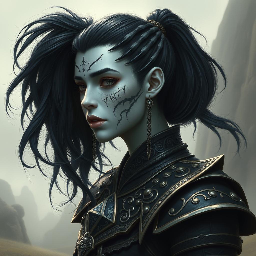 Mystical portrait of a Shadar-Kai with intense black hair tied in a ponytail