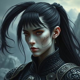 Mystical portrait of a Shadar-Kai with intense black hair tied in a ponytail