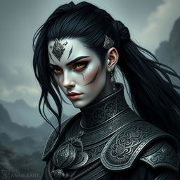 Mystical portrait of a Shadar-Kai with intense black hair tied in a ponytail