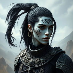 Mystical portrait of a Shadar-Kai with intense black hair tied in a ponytail