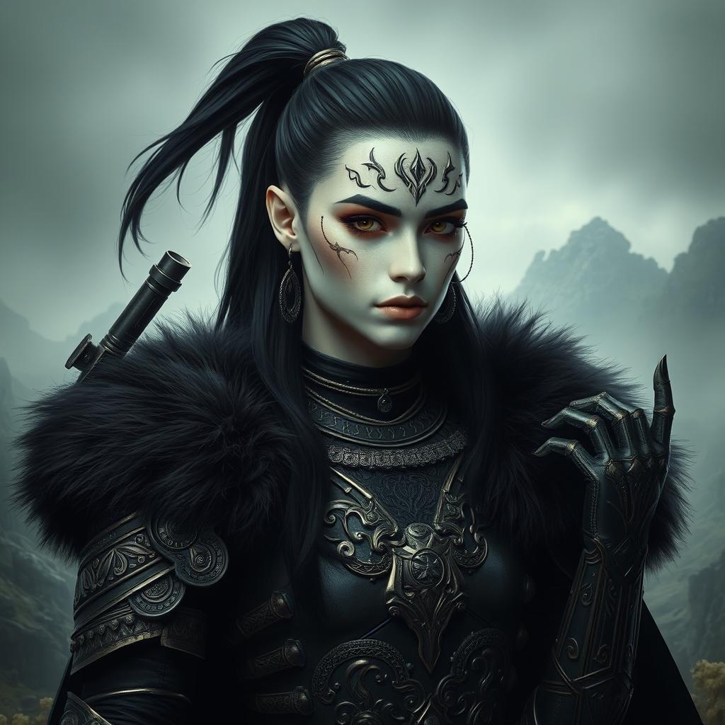 Mystical portrait of a Shadar-Kai with intense black hair tied in a ponytail