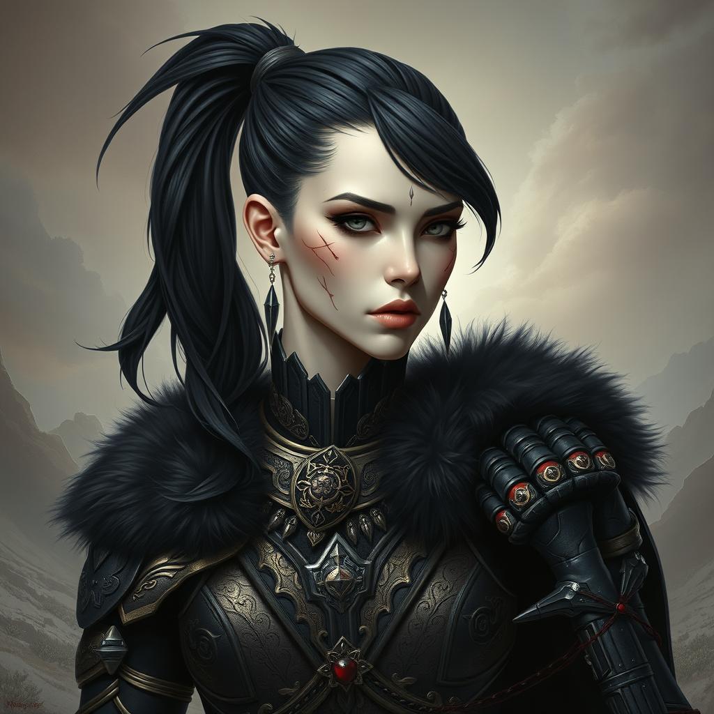 Mystical portrait of a Shadar-Kai with intense black hair tied in a ponytail