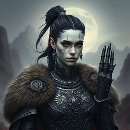 Mystical portrait of a Shadar-Kai with intense black hair tied in a ponytail