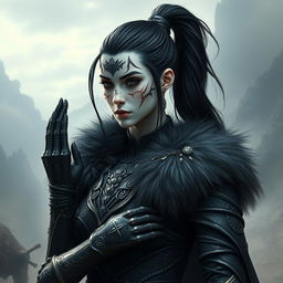 Mystical portrait of a Shadar-Kai with intense black hair tied in a ponytail