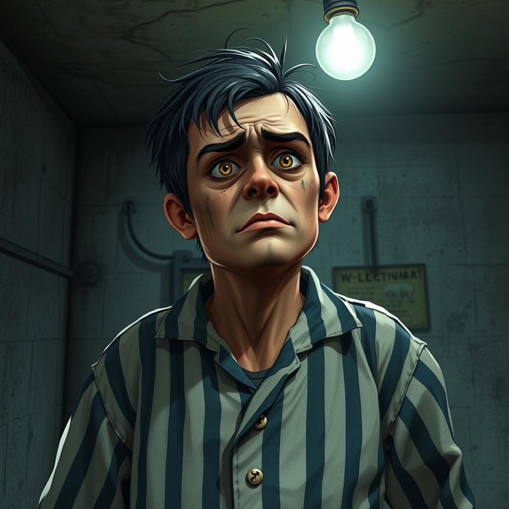 a character inspired by Little Brother from 'The Green Elephant', featuring a disheveled appearance, wearing worn-out striped prison uniform, with a tense and anxious expression, set in a dimly lit, grimy prison cell with concrete walls and a single flickering bulb overhead