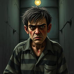 a character inspired by Little Brother from 'The Green Elephant', featuring a disheveled appearance, wearing worn-out striped prison uniform, with a tense and anxious expression, set in a dimly lit, grimy prison cell with concrete walls and a single flickering bulb overhead