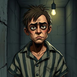 a character inspired by Little Brother from 'The Green Elephant', featuring a disheveled appearance, wearing worn-out striped prison uniform, with a tense and anxious expression, set in a dimly lit, grimy prison cell with concrete walls and a single flickering bulb overhead