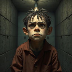 a character inspired by Little Brother from 'The Green Elephant', featuring a disheveled appearance, wearing worn-out striped prison uniform, with a tense and anxious expression, set in a dimly lit, grimy prison cell with concrete walls and a single flickering bulb overhead