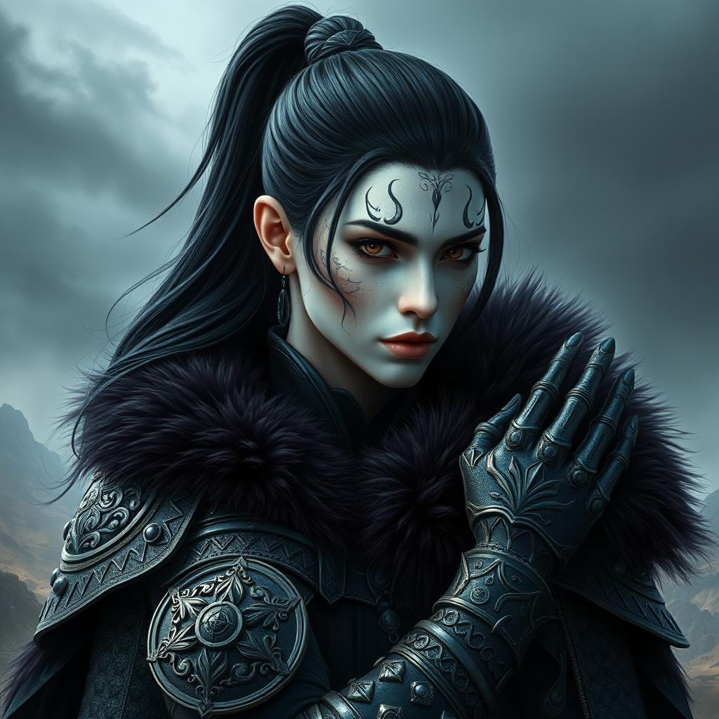 Mystical portrait of a Shadar-Kai with intense black hair tied in a ponytail