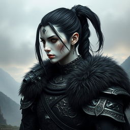 Mystical portrait of a Shadar-Kai with intense black hair tied in a ponytail