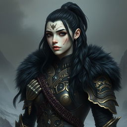 Mystical portrait of a Shadar-Kai with intense black hair tied in a ponytail