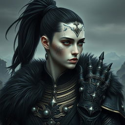 Mystical portrait of a Shadar-Kai with intense black hair tied in a ponytail