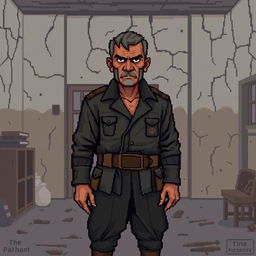 a pixel art representation of Pakhom from 'The Green Elephant', characterized by a rugged appearance wearing a faded, ragged military uniform, with a stern expression