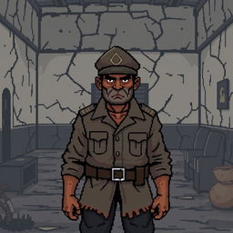 a pixel art representation of Pakhom from 'The Green Elephant', characterized by a rugged appearance wearing a faded, ragged military uniform, with a stern expression